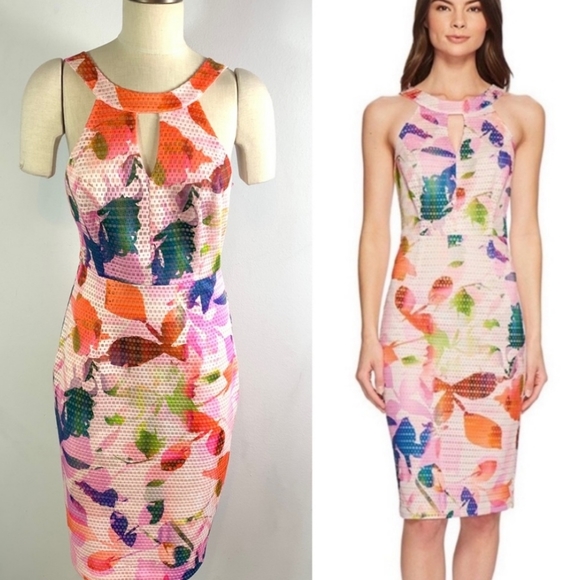 Trina Turk Sylvie Dress Sz 4 Pink Multi Color Floral Keyhole Sheath - Picture 11 of 11